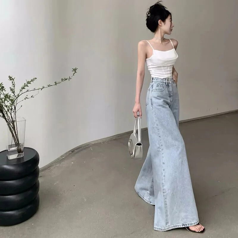 Xpqbb Moteriški džinsai plačiomis kojomis Korėjietiški džinsai su aukštu juosmeniu, laisvi gatvės drabužiai, džinsinės kelnės, moteriškos laisvalaikio, paprasto temperamento, kuprinės kelnės, moteris