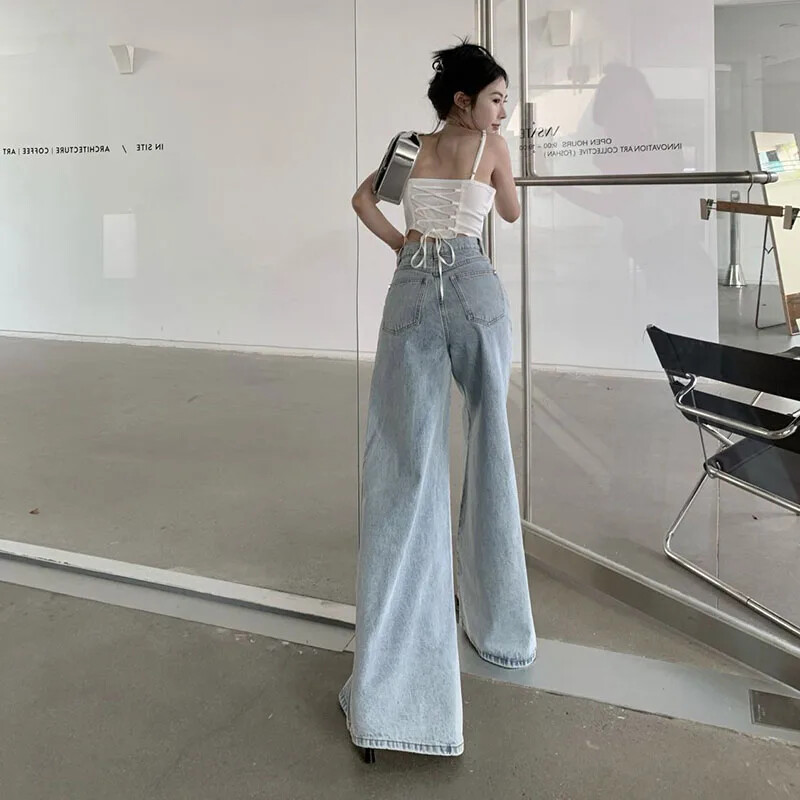 Xpqbb Moteriški džinsai plačiomis kojomis Korėjietiški džinsai su aukštu juosmeniu, laisvi gatvės drabužiai, džinsinės kelnės, moteriškos laisvalaikio, paprasto temperamento, kuprinės kelnės, moteris