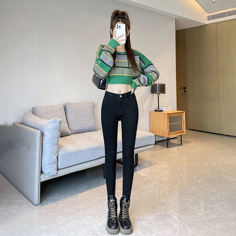 Kitsad teksad naiste elastsed kõrge vöökohaga õhuke mood Korea pliiatspüksid kevadised uued säärised must hall helesinine