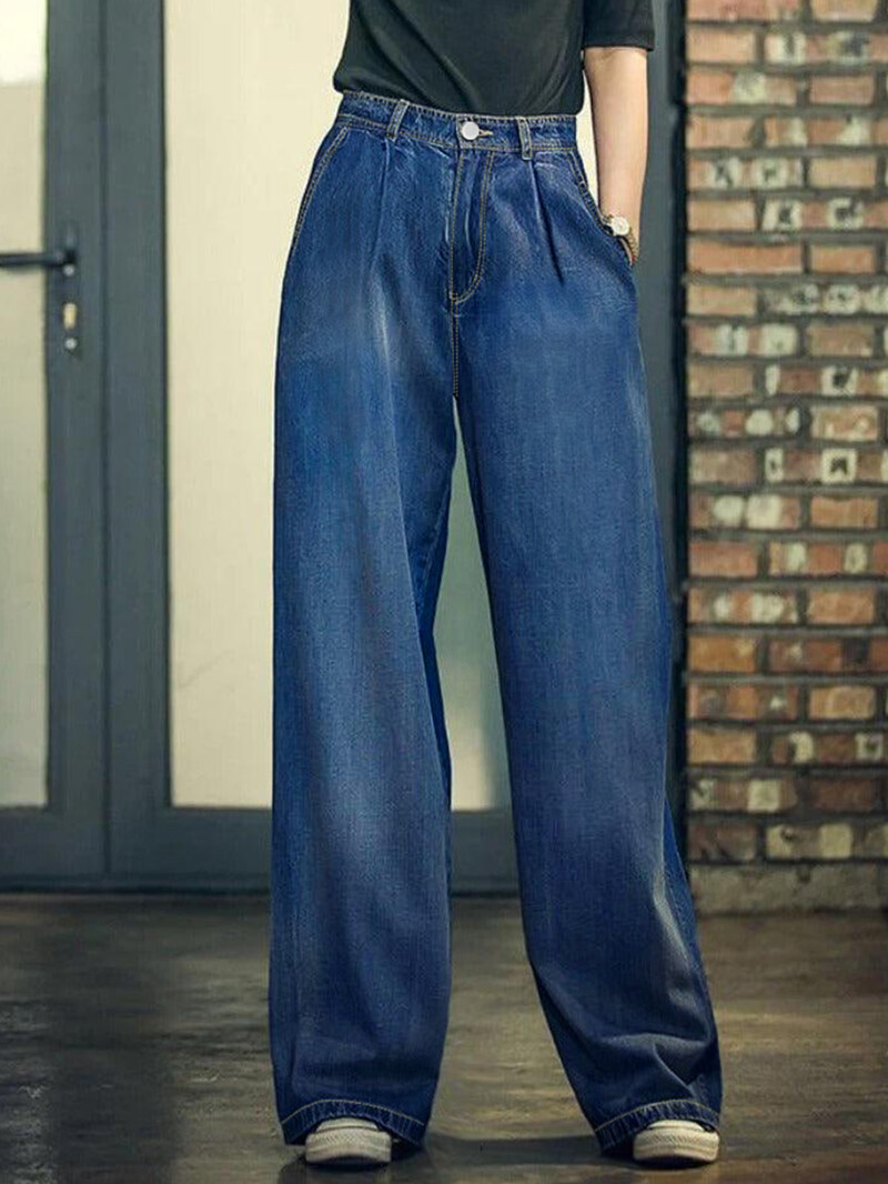 Naiste avarad laia säärega teksad, sirge säärega korea püksid, lõdvestunud õmblemine, teksapüksid