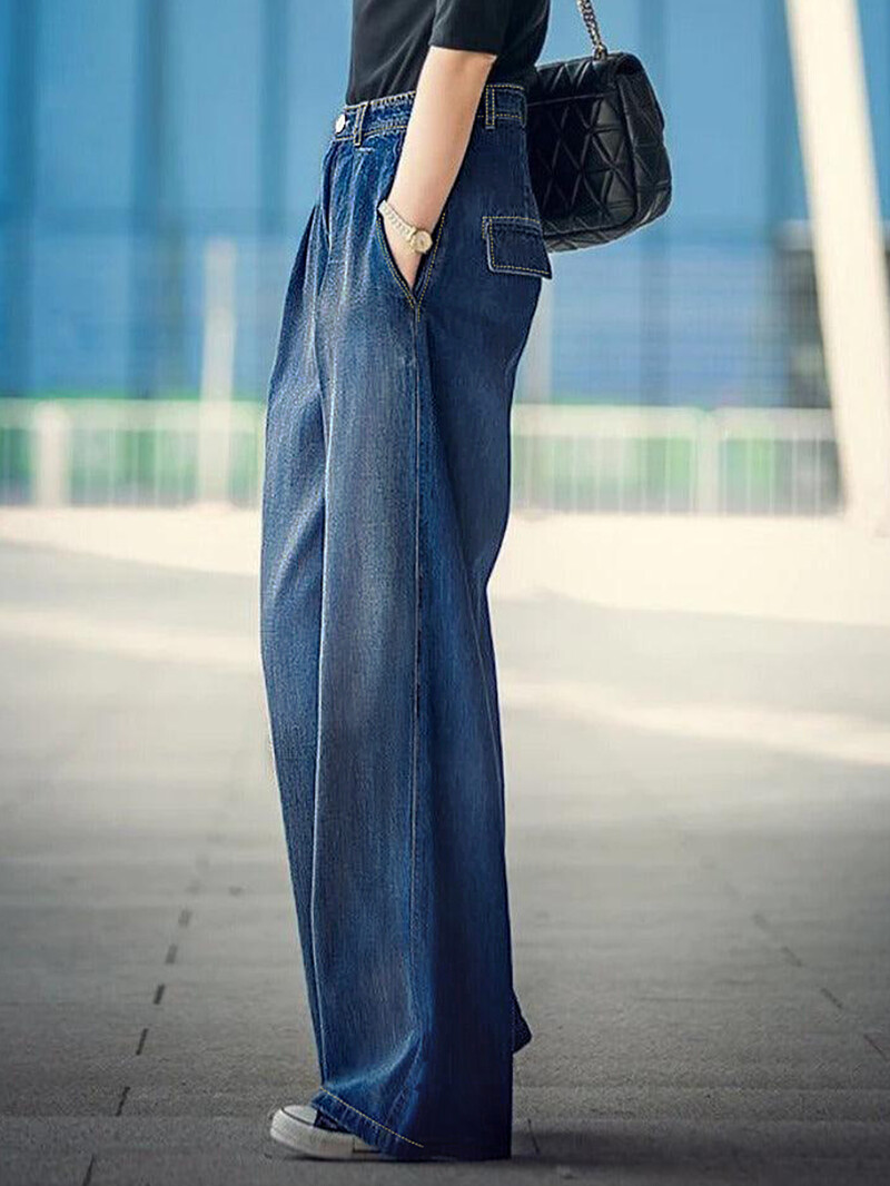 Naiste avarad laia säärega teksad, sirge säärega korea püksid, lõdvestunud õmblemine, teksapüksid