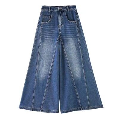 PBAP Moteriški, tvirti ūsai, plačiai besiplečiantys džinsai, vintažiniai, mėlyni, išskalbti, nelaimingi dramblio kirpimo džinsiniai kelnės Y2k gatvės apranga