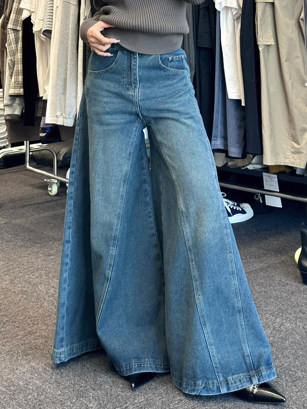 PBAP Moteriški, tvirti ūsai, plačiai besiplečiantys džinsai, vintažiniai, mėlyni, išskalbti, nelaimingi dramblio kirpimo džinsiniai kelnės Y2k gatvės apranga