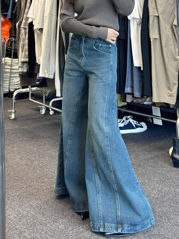 PBAP Moteriški, tvirti ūsai, plačiai besiplečiantys džinsai, vintažiniai, mėlyni, išskalbti, nelaimingi dramblio kirpimo džinsiniai kelnės Y2k gatvės apranga