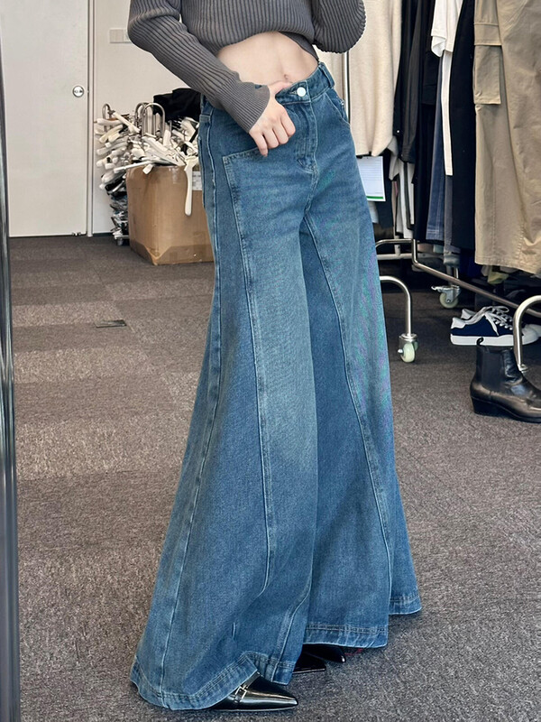 PBAP Moteriški, tvirti ūsai, plačiai besiplečiantys džinsai, vintažiniai, mėlyni, išskalbti, nelaimingi dramblio kirpimo džinsiniai kelnės Y2k gatvės apranga