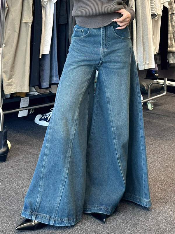 PBAP Moteriški, tvirti ūsai, plačiai besiplečiantys džinsai, vintažiniai, mėlyni, išskalbti, nelaimingi dramblio kirpimo džinsiniai kelnės Y2k gatvės apranga