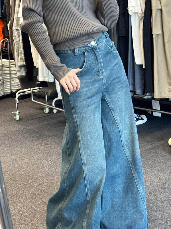 PBAP Moteriški, tvirti ūsai, plačiai besiplečiantys džinsai, vintažiniai, mėlyni, išskalbti, nelaimingi dramblio kirpimo džinsiniai kelnės Y2k gatvės apranga