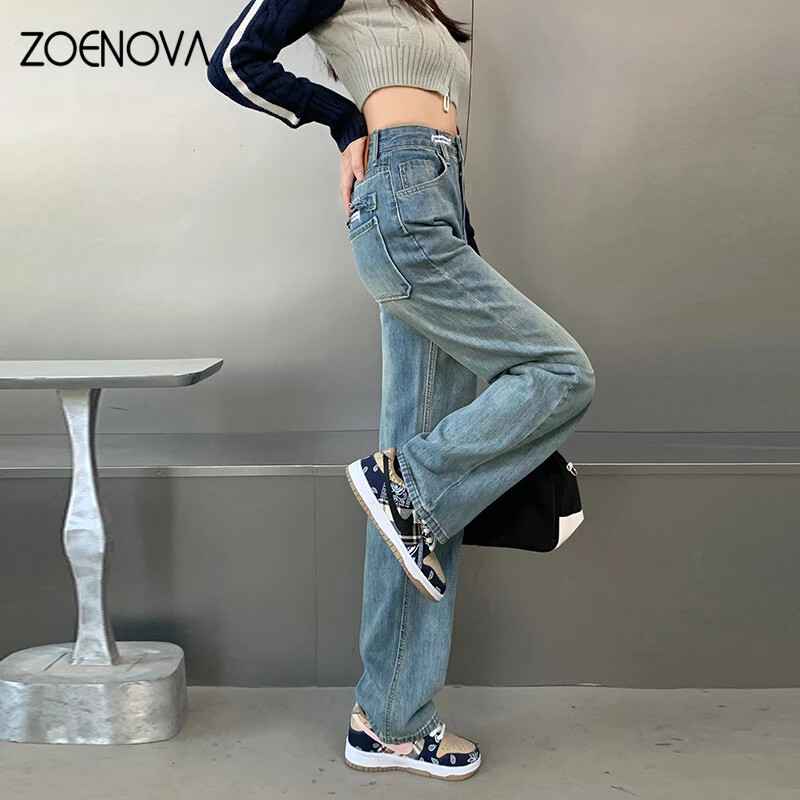 ZOENOVA Aukštos kokybės pavasario naujos plačios kelnės Moteriški džinsai Madingi tiesūs laisvalaikio gatvės Y2K Retro Soft Cargo džinsinės kelnės