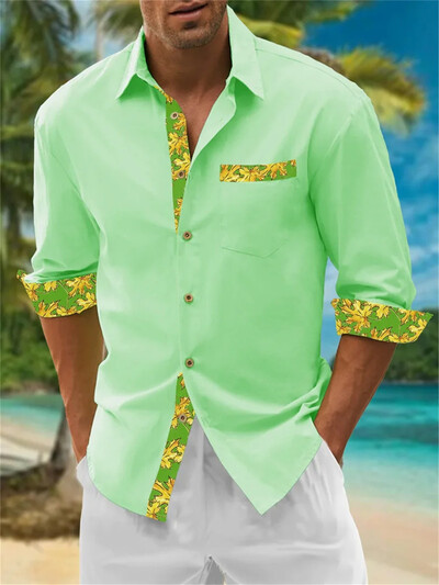 2024 m. Nauji vyriški „Fleme Pocket“ ilgomis rankovėmis apverčiami apykakle marginti marškinėliai „Tiki Vacation“ laisvalaikio havajietiški marškiniai Patogūs ir minkšti S-6XL