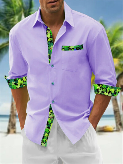 2024 m. Nauji vyriški „Fleme Pocket“ ilgomis rankovėmis apverčiami apykakle marginti marškinėliai „Tiki Vacation“ laisvalaikio havajietiški marškiniai Patogūs ir minkšti S-6XL