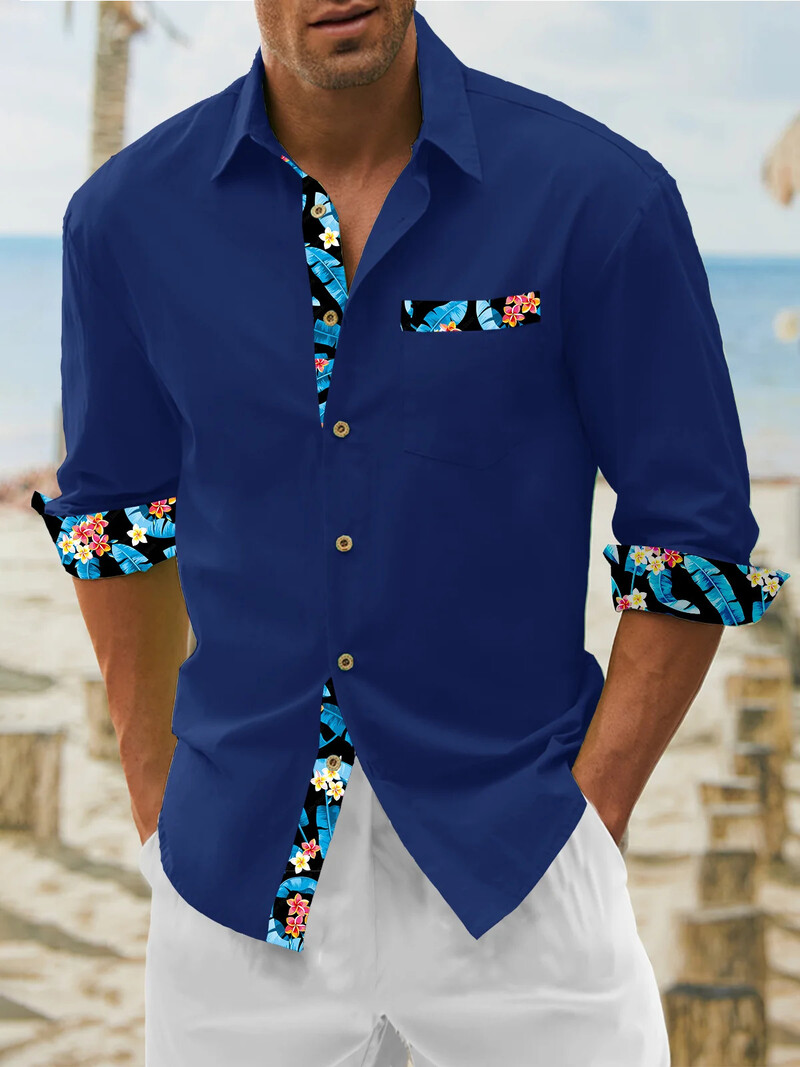 2024 m. Nauji vyriški „Fleme Pocket“ ilgomis rankovėmis apverčiami apykakle marginti marškinėliai „Tiki Vacation“ laisvalaikio havajietiški marškiniai Patogūs ir minkšti S-6XL