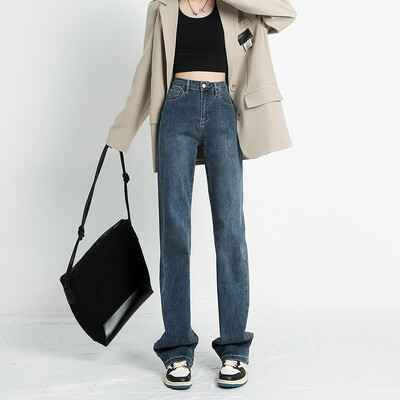 Rudens nauji moteriški tamprūs džinsai aukštu juosmeniu Ploni tiesūs vintažiniai skalbti džinsiniai kelnės Madingi korėjietiški gatvės Y2K moteriški drabužiai