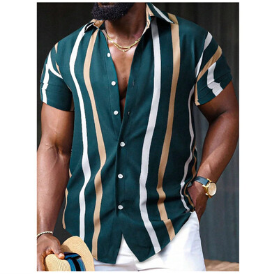 2024 m. havajietiški marškiniai vyriški trumpomis rankovėmis dryžuoti marškiniai su atlapais vasaros mados gatvės aukštos kokybės patogūs drabužiai