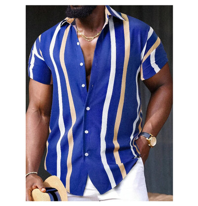 2024 m. havajietiški marškiniai vyriški trumpomis rankovėmis dryžuoti marškiniai su atlapais vasaros mados gatvės aukštos kokybės patogūs drabužiai