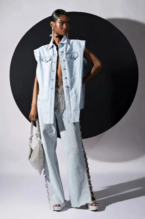 Moteriški džinsiniai ilgi džinsai su gręžtinėmis grandinėmis Tiesios plačios džinsai Džinsai aukštu juosmeniu Plyšę džinsai moterims Vasarinės plonos šoninės kelnės