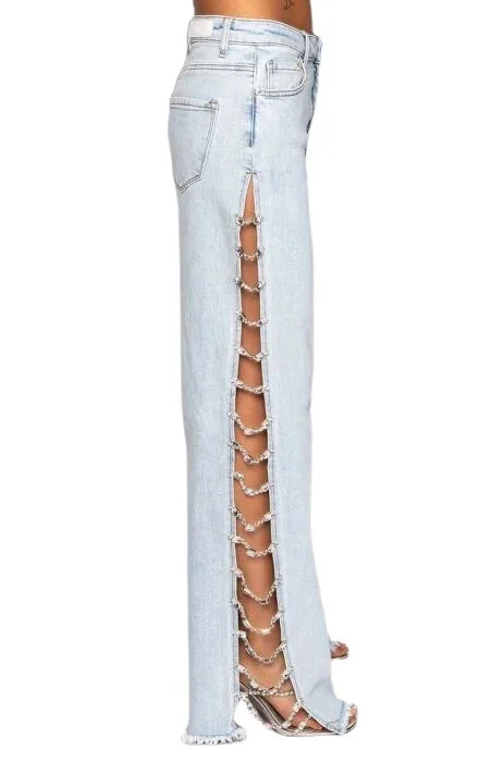 Moteriški džinsiniai ilgi džinsai su gręžtinėmis grandinėmis Tiesios plačios džinsai Džinsai aukštu juosmeniu Plyšę džinsai moterims Vasarinės plonos šoninės kelnės