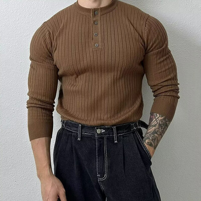 Gatvės drabužiai madingi vyriški megzti marškinėliai Vintažiniai vienspalviai sagomis su siauru kaklu megzti marškinėliai vyrams pavasario madingi ploni džemperiai
