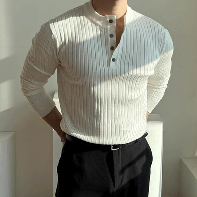 Gatvės drabužiai madingi vyriški megzti marškinėliai Vintažiniai vienspalviai sagomis su siauru kaklu megzti marškinėliai vyrams pavasario madingi ploni džemperiai