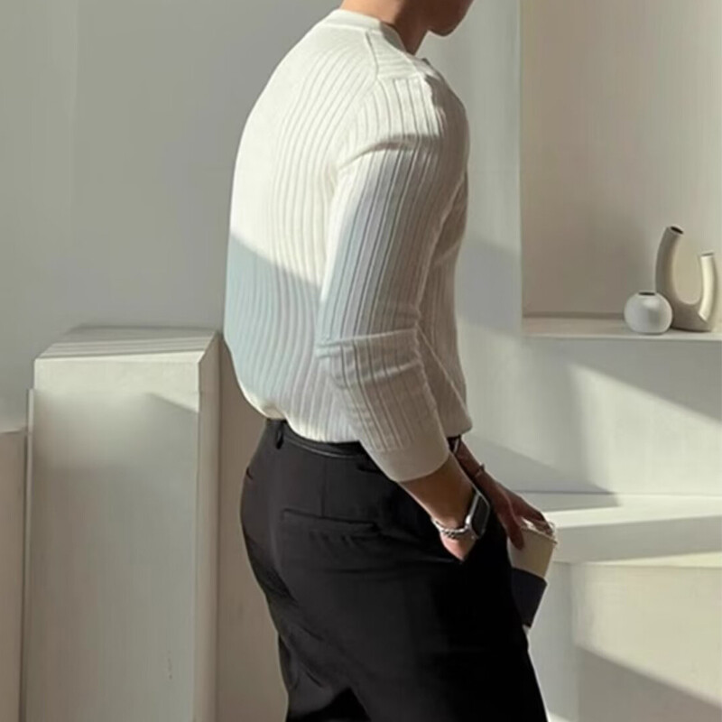 Gatvės drabužiai madingi vyriški megzti marškinėliai Vintažiniai vienspalviai sagomis su siauru kaklu megzti marškinėliai vyrams pavasario madingi ploni džemperiai