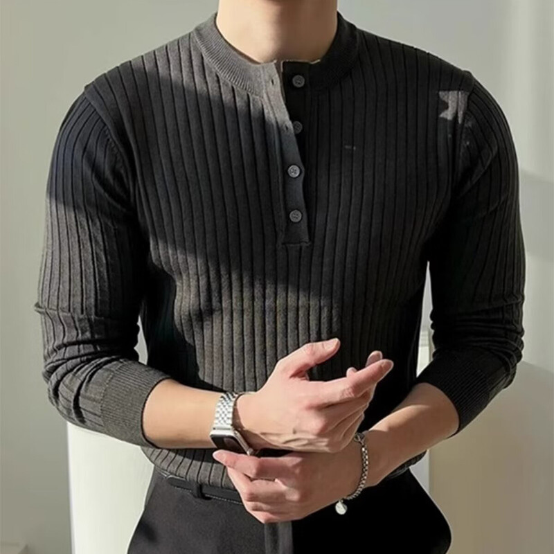 Gatvės drabužiai madingi vyriški megzti marškinėliai Vintažiniai vienspalviai sagomis su siauru kaklu megzti marškinėliai vyrams pavasario madingi ploni džemperiai