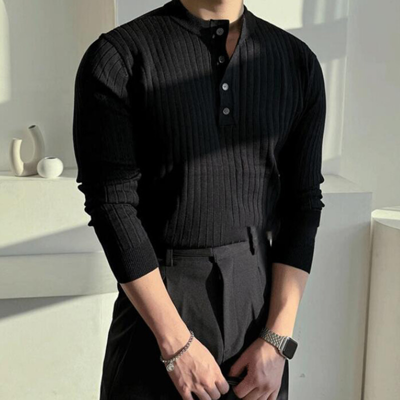 Gatvės drabužiai madingi vyriški megzti marškinėliai Vintažiniai vienspalviai sagomis su siauru kaklu megzti marškinėliai vyrams pavasario madingi ploni džemperiai