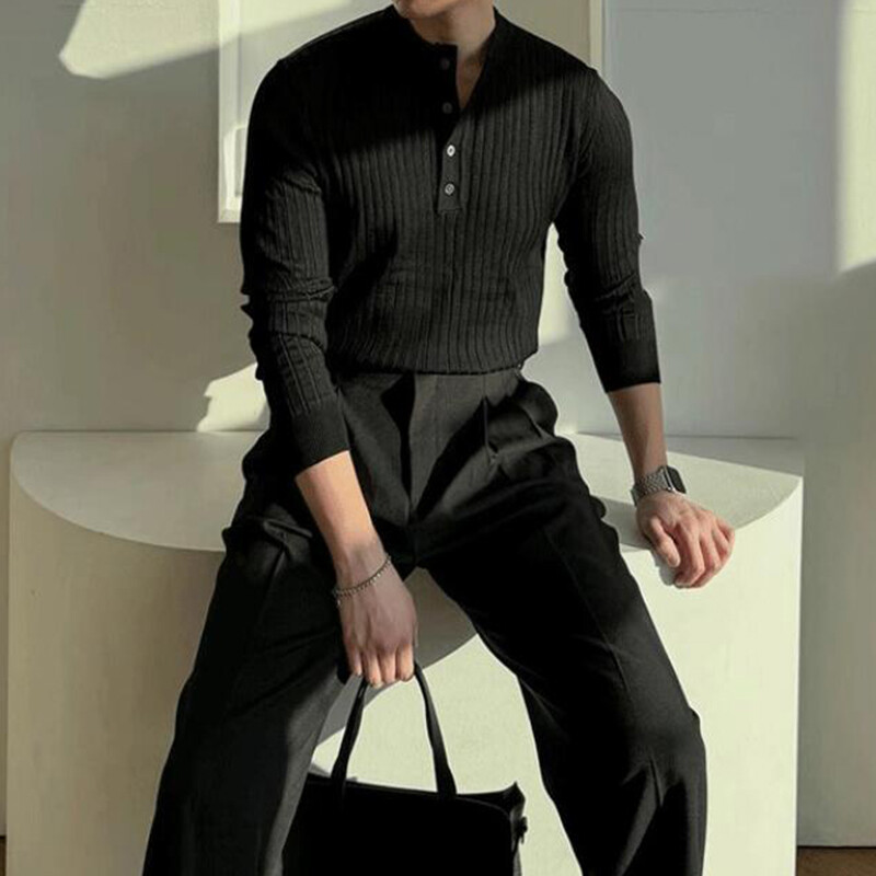 Gatvės drabužiai madingi vyriški megzti marškinėliai Vintažiniai vienspalviai sagomis su siauru kaklu megzti marškinėliai vyrams pavasario madingi ploni džemperiai