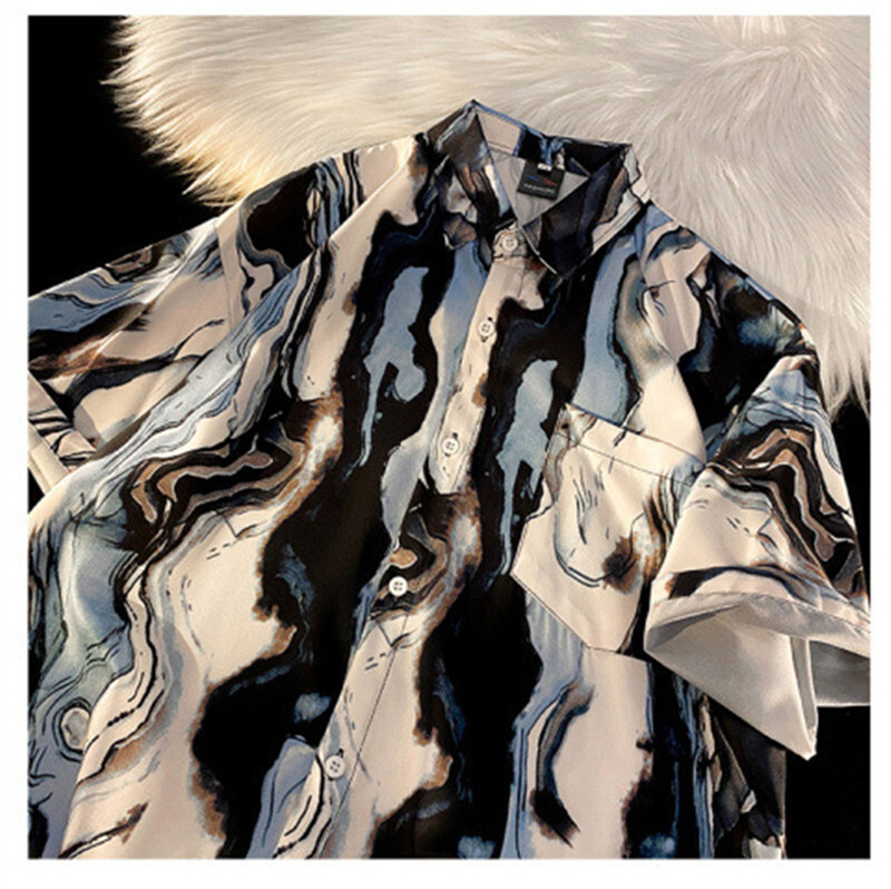 Madingi vyriški dizainerio drabužiai japoniško stiliaus abstrakčios spaudos marškinėliai trumpomis rankovėmis Y2K vasaros nauji vyriški hiphopo havajų paplūdimio marškiniai