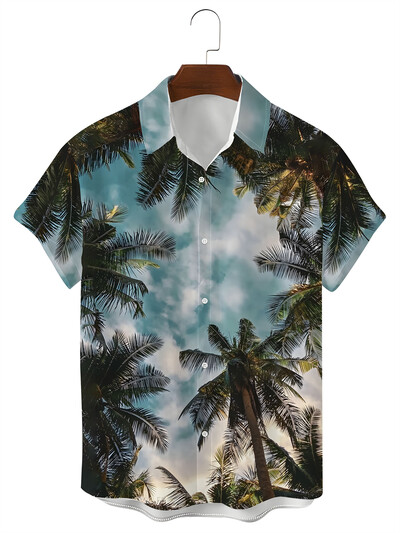 2024 Fashion Ink Bamboo Leaves Kolmemõõtmeline trükiga kraega särk Meeste vabaaja lühikeste varrukatega särk Suvine lahtine poiste särk