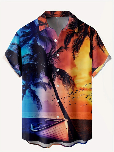 2024 Fashion Ink Bamboo Leaves Kolmemõõtmeline trükiga kraega särk Meeste vabaaja lühikeste varrukatega särk Suvine lahtine poiste särk