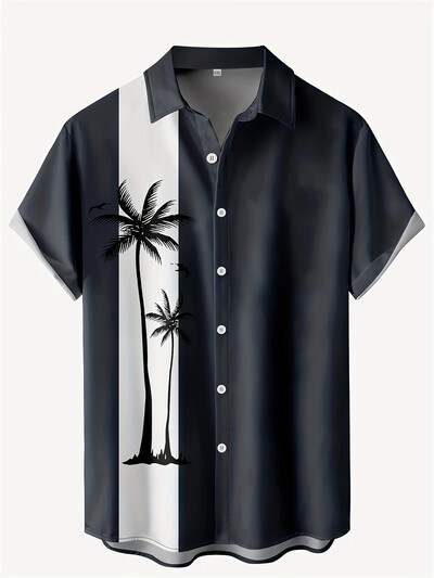 2024 Fashion Ink Bamboo Leaves Kolmemõõtmeline trükiga kraega särk Meeste vabaaja lühikeste varrukatega särk Suvine lahtine poiste särk