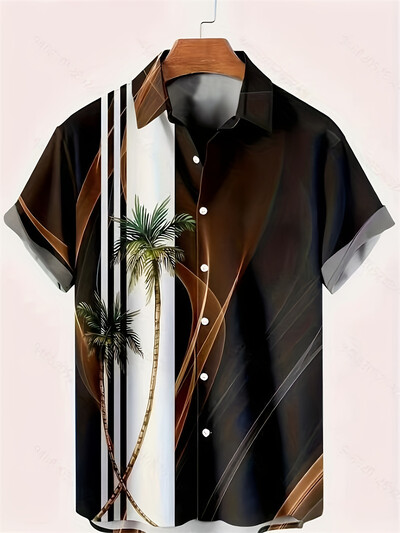 2024 Fashion Ink Bamboo Leaves Kolmemõõtmeline trükiga kraega särk Meeste vabaaja lühikeste varrukatega särk Suvine lahtine poiste särk