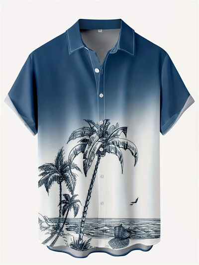 2024 Fashion Ink Bamboo Leaves Kolmemõõtmeline trükiga kraega särk Meeste vabaaja lühikeste varrukatega särk Suvine lahtine poiste särk