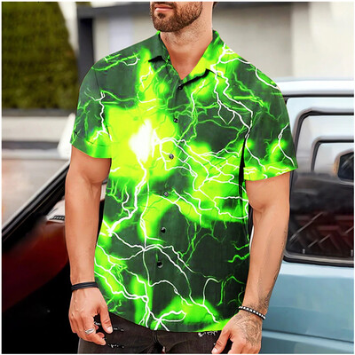 Vyriški marškiniai Vasariniai havajietiški marškiniai Žaibo spauda mėlyna lauko gatvės trumpomis rankovėmis drabužiai Madingi gatvės dizaineriai 6 spalvos
