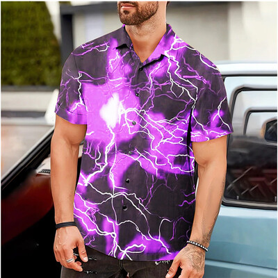 Vyriški marškiniai Vasariniai havajietiški marškiniai Žaibo spauda mėlyna lauko gatvės trumpomis rankovėmis drabužiai Madingi gatvės dizaineriai 6 spalvos