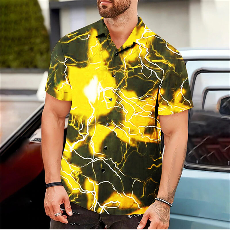 Vyriški marškiniai Vasariniai havajietiški marškiniai Žaibo spauda mėlyna lauko gatvės trumpomis rankovėmis drabužiai Madingi gatvės dizaineriai 6 spalvos