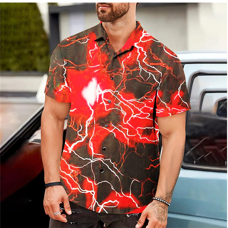 Vyriški marškiniai Vasariniai havajietiški marškiniai Žaibo spauda mėlyna lauko gatvės trumpomis rankovėmis drabužiai Madingi gatvės dizaineriai 6 spalvos