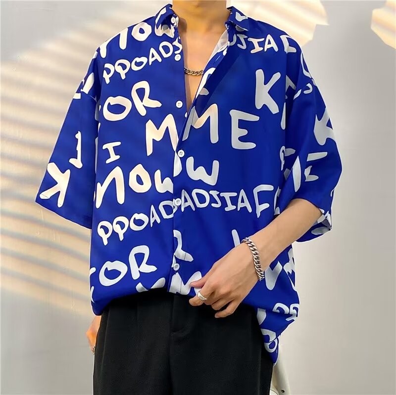 Meeste tänavamood suvine igapäevane särk Hawaii koomiksitrükiga vabaaja särgid lühikeste varrukatega rannavabad topid