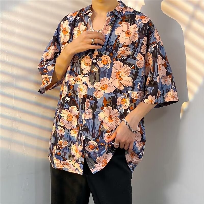 Meeste tänavamood suvine igapäevane särk Hawaii koomiksitrükiga vabaaja särgid lühikeste varrukatega rannavabad topid
