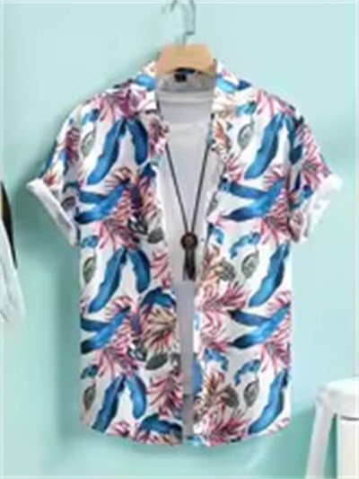 Hawaiian Botanical Flower Print Meeste ja naiste lühikeste varrukatega revääriga mereäärne nööbitav särk Top vabaaja moodsad särgid