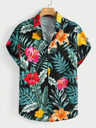 Hawaiian Botanical Flower Print Meeste ja naiste lühikeste varrukatega revääriga mereäärne nööbitav särk Top vabaaja moodsad särgid