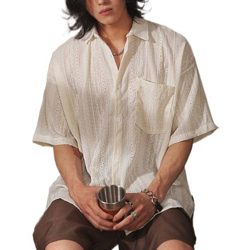 Meeste vabaaja vabad õõnsate varrukatega taskutega särgid Retromood puhkuse-/igapäevased ühevärvilised topid