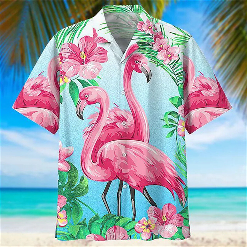 2023 meeste särk Hawaii särk flamingo kookosepuu graafika 3D printimine tänava vabaaja lühikeste varrukatega särk kõrge kvaliteediga