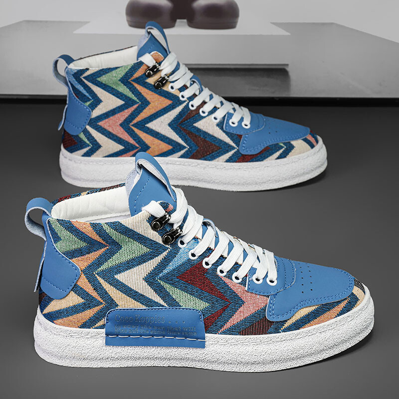Nauji dizainerio spausdinti drobiniai batai vyrams 2024 m. Harajuku stiliaus mėlyni aukštakulniai sportbačiai vyriški Espadrilės, kvėpuojantys vulkanizuoti sportbačiai