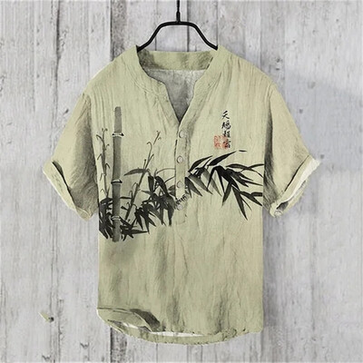 Vyriški marškiniai lininiai 100 % V formos kaklo vyriški laisvalaikio marškiniai trumpomis rankovėmis Madingi nauji gatvės lauko marškinėliai 2024 m. nauji retro katės marškinėliai