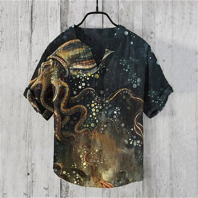 Vyriški marškiniai lininiai 100 % V formos kaklo vyriški laisvalaikio marškiniai trumpomis rankovėmis Madingi nauji gatvės lauko marškinėliai 2024 m. nauji retro katės marškinėliai