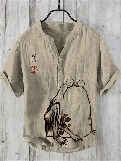 Vyriški marškiniai lininiai 100 % V formos kaklo vyriški laisvalaikio marškiniai trumpomis rankovėmis Madingi nauji gatvės lauko marškinėliai 2024 m. nauji retro katės marškinėliai