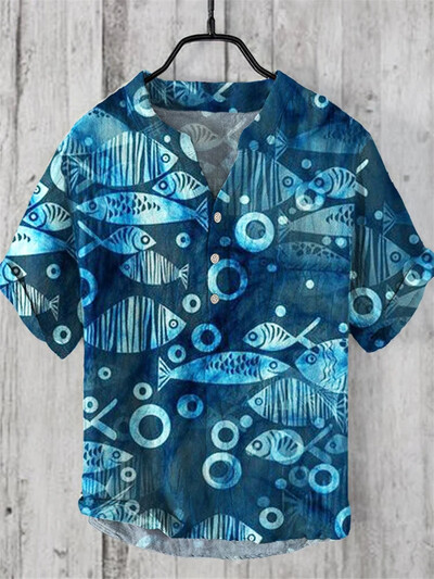 Vyriški marškiniai lininiai 100 % V formos kaklo vyriški laisvalaikio marškiniai trumpomis rankovėmis Madingi nauji gatvės lauko marškinėliai 2024 m. nauji retro katės marškinėliai