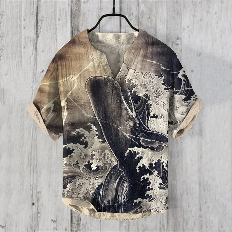 Vyriški marškiniai lininiai 100 % V formos kaklo vyriški laisvalaikio marškiniai trumpomis rankovėmis Madingi nauji gatvės lauko marškinėliai 2024 m. nauji retro katės marškinėliai