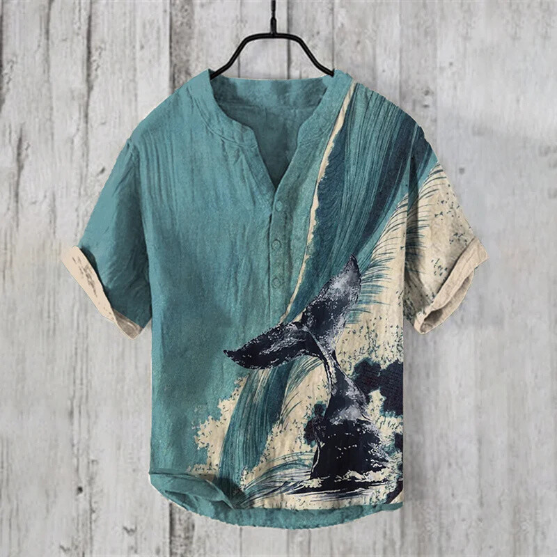 Vyriški marškiniai lininiai 100 % V formos kaklo vyriški laisvalaikio marškiniai trumpomis rankovėmis Madingi nauji gatvės lauko marškinėliai 2024 m. nauji retro katės marškinėliai