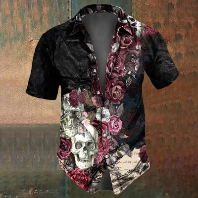 Retro Flower Skull Print Vīriešu krekls Vasaras modes Street Hip Hop Moderns Tops Vīriešu krekli Lielizmēra T-krekli